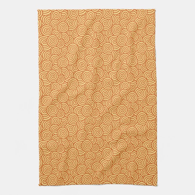 Japanese swirl pattern - mandarin & light orange tea towel (Vertical)