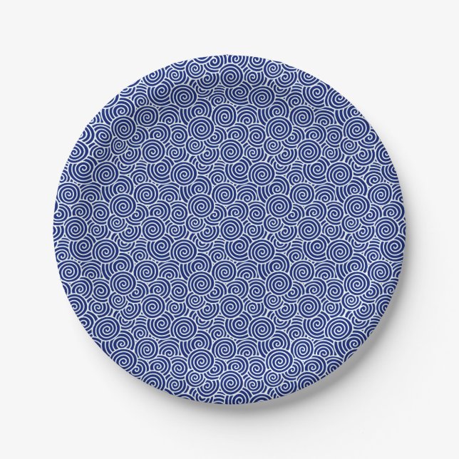 Japanese swirl pattern - navy blue and white paper plate (Front)
