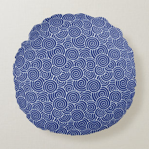 Japanese swirl pattern - navy blue and white round cushion
