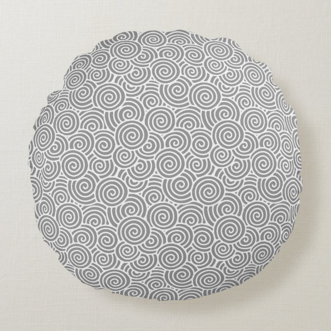Japanese swirl pattern - silver grey / grey round cushion (Front)