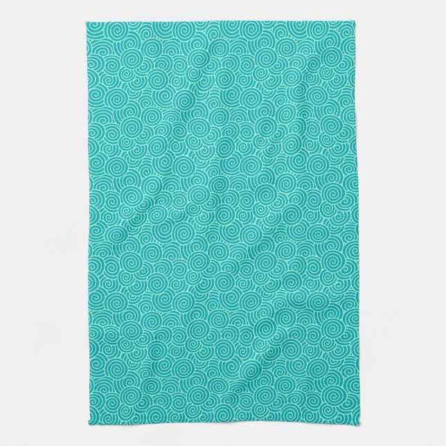 Japanese swirl pattern - turquoise and aqua tea towel (Vertical)
