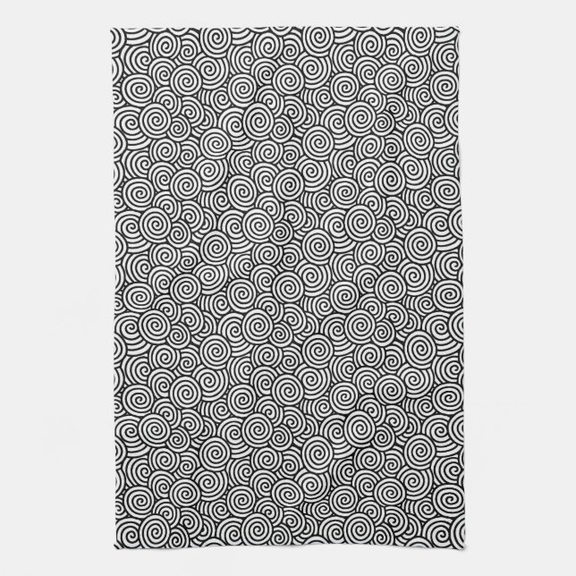 Japanese swirl pattern - white and black tea towel (Vertical)