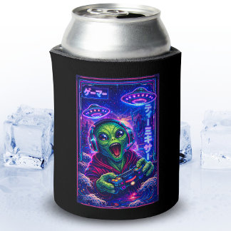 Japanese Synthwave Sci Fi UFO Alien Cool Gamer Can Cooler