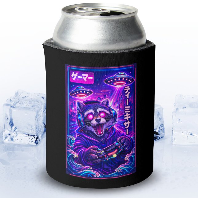 Japanese Synthwave Sci Fi UFO Raccoon Cool Gamer Can Cooler (Creator Uploaded)