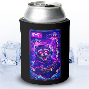 Japanese Synthwave Sci Fi UFO Racoon Cool Gamer Can Cooler