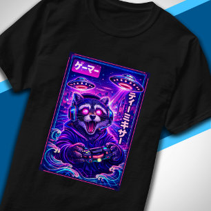 Japanese Synthwave Sci Fi UFO Racoon Cool Gamer T-Shirt