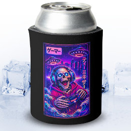 Japanese Synthwave Sci Fi UFO Skeleton Cool Gamer Can Cooler