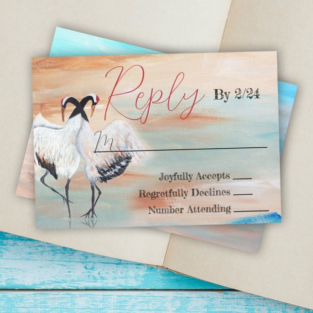 Japanese Tancho Crane Wedding RSVP Card (natural beige white asian cranes origami japanese wedding reply response return enclosure cards)