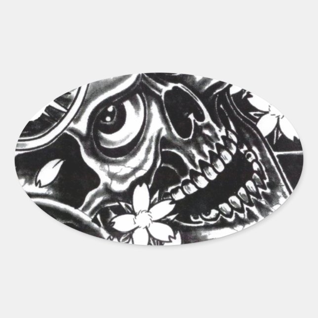 Japanese tattoo skull oval sticker (Front)