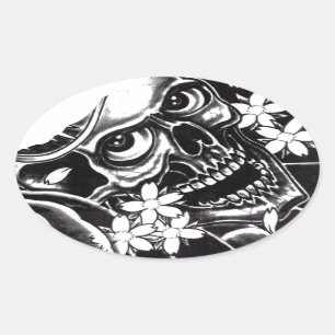 Japanese tattoo skull oval sticker