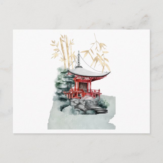 Japanese temple and bamboo gold postcard (Front)