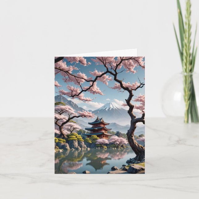Japanese Temple And Cherry Blossoms Card (Front)