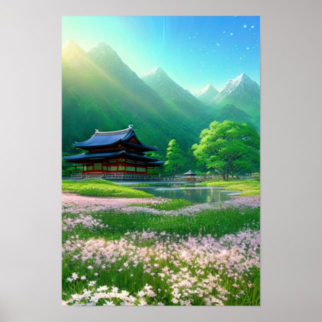 Japanese Temple and Pink Flowers Poster (Front)