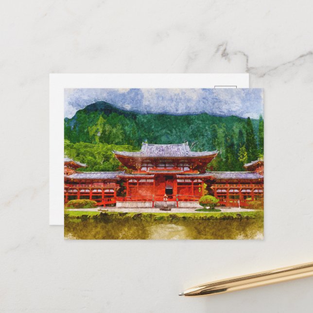 Japanese Temple Asian Style Watercolor Art Postcard (Front/Back In Situ)
