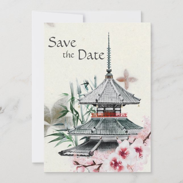 Japanese Temple, Bamboo, Cherry Blossoms Wedding Save The Date (Front)