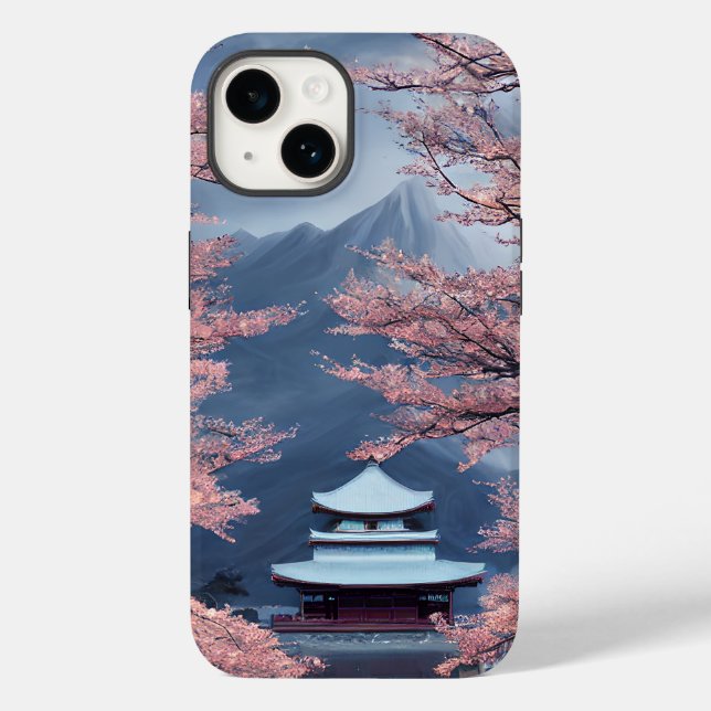Japanese Temple, Cherry Blossoms, Mountains Modern Case-Mate iPhone Case (Back)