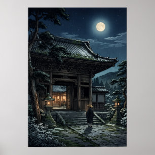 Japanese Temple Gate Full Moon Night Monk Lanterns Poster