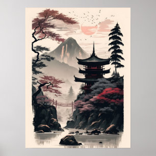 Japanese Temple Landscape Poster – Zen Mountain
