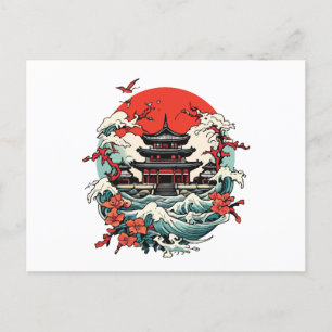 Japanese temple sakura blossom and wave holiday postcard