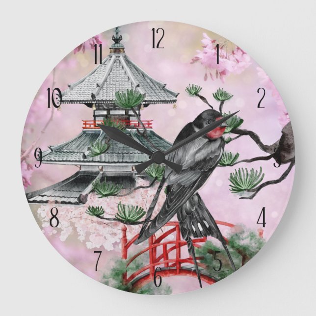 Japanese Temple, Swallow and Cherry Blossom Japan Large Clock (Front)