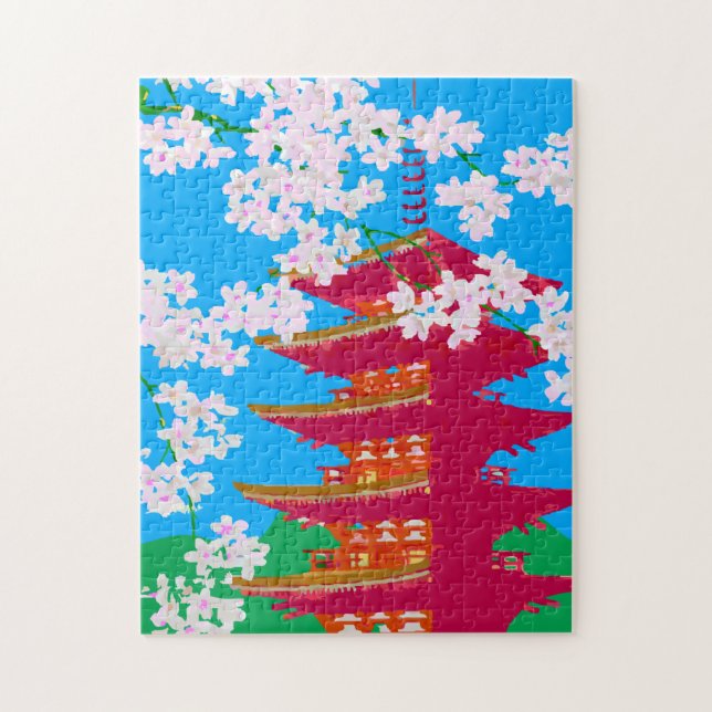 Japanese temple with cherry blossom jigsaw puzzle (Vertical)