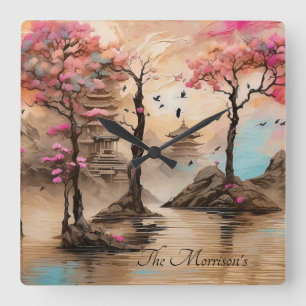 Japanese Temples Cheery Blossum Forest Square Wall Clock