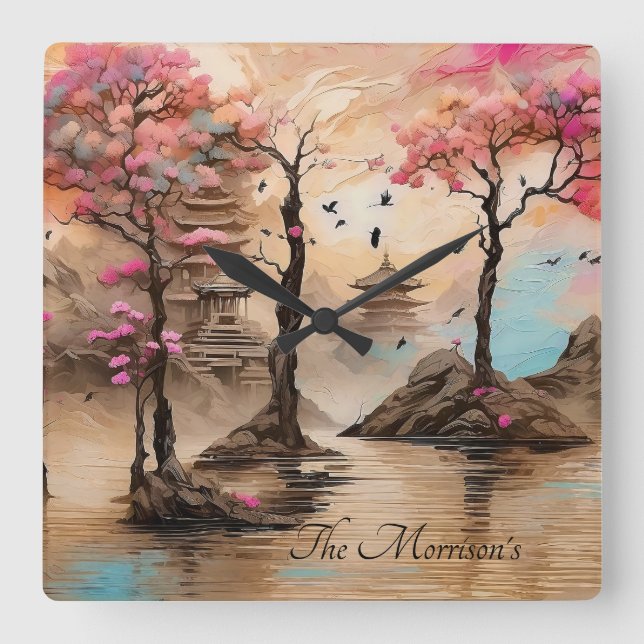 Japanese Temples Cheery Blossum Forest Square Wall Clock (Front)