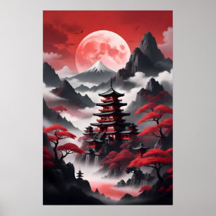 Japanese temples in the misty mountains poster