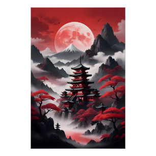 Japanese temples in the misty mountains poster