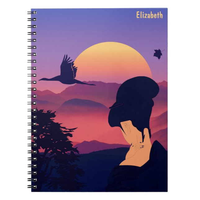Japanese Theme Geisha Tree And Rising Sun Notebook (Front)