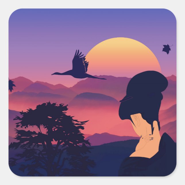 Japanese Theme Geisha Tree And Rising Sun Square Sticker (Front)