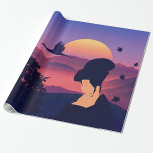 Japanese Theme Geisha Tree And Rising Sun Wrapping Paper