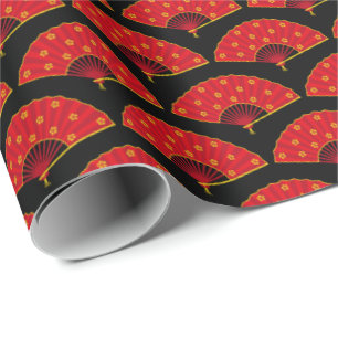 Japanese Themed Traditional Red Oriental Fans Wrapping Paper