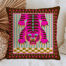 Japanese Tiger on Stripes& Checkered Pattern Funky