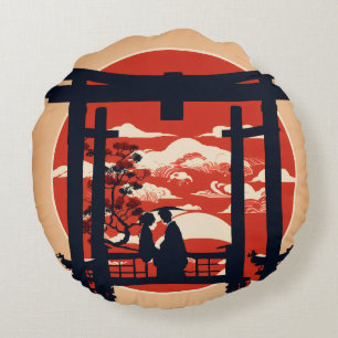 Japanese Torii Gate Romantic Sunset Silhouette – M Round Cushion