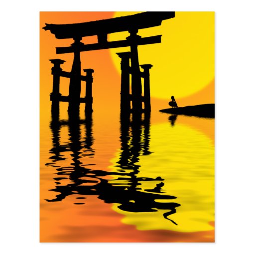 Japanese Torii (gate) sunset drawing Postcards | Zazzle