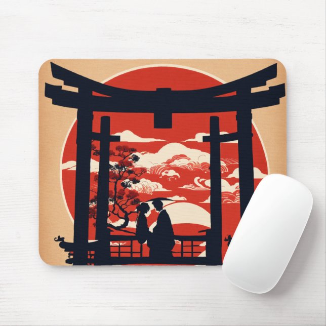 Japanese Torii Gate Sunset Mouse Pad – Zen Minimal (With Mouse)