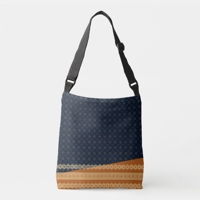 Japanese Tortoise and Diamond Pattern Gold Navy Crossbody Bag (Front)