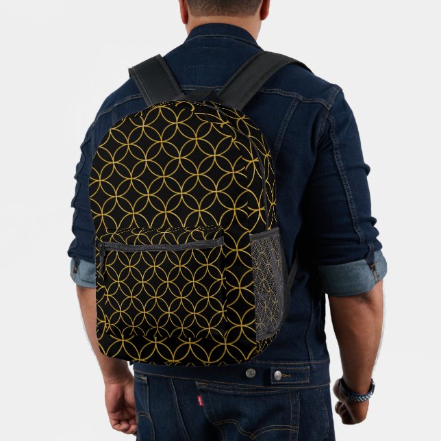 Japanese Traditional Design1 -SHIPPO- Black&Gold Printed Backpack (Insitu (Model))