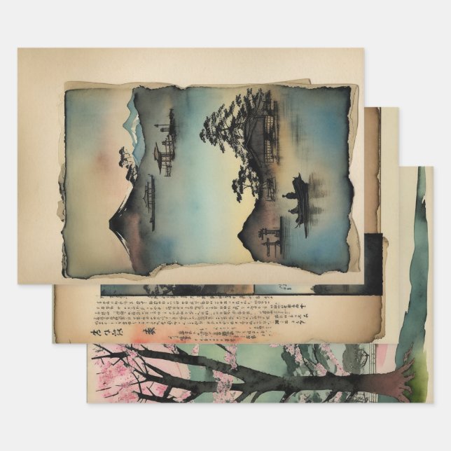 Japanese traditional Landscape Paint ephemera No12 Wrapping Paper Sheet (Set)