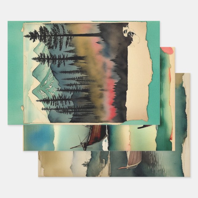 Japanese traditional Landscape Paint ephemera No14 Wrapping Paper Sheet (Set)