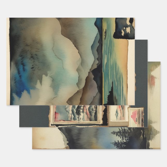 Japanese traditional Landscape Paint ephemera No15 Wrapping Paper Sheet (Set)