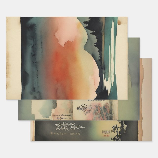 Japanese traditional Landscape Paint ephemera No5 Wrapping Paper Sheet (Set)