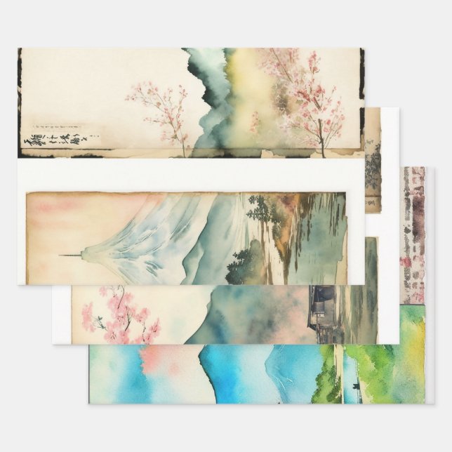 Japanese traditional Landscape Paint ephemera No6 Wrapping Paper Sheet (Set)