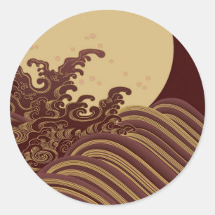 Japanese Traditional Wave and Moon Pattern Classic Round Sticker
