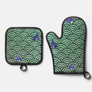Japanese Traditional Wave Pattern Oven Mitt & Pot Holder Set