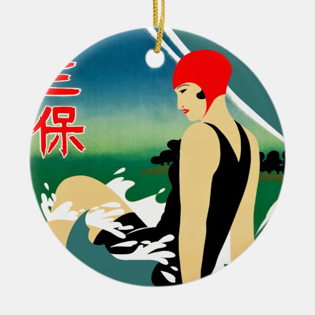 Japanese Travel Tourism Poster 1930s Art Deco Girl Ceramic Tree Decoration (Front)