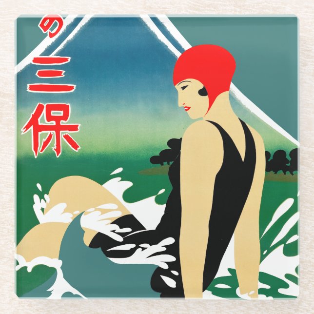 Japanese Travel Tourism Poster 1930s Art Deco Girl Glass Coaster (Front)