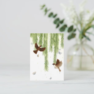 Japanese Tree Sparrows Under a Weeping Willow Card