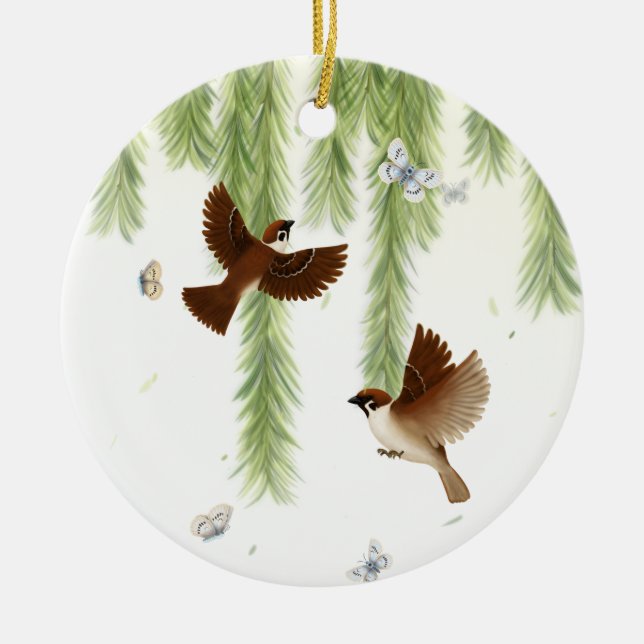 Japanese Tree Sparrows Under a Weeping Willow Cera Ceramic Tree Decoration (Front)